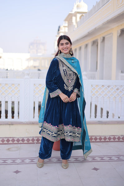Designer Velvet Kurta Suit With Rich Zari And Thread Embroidery