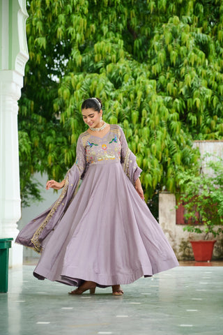 Premium Vichitra Silk Embroidered Gown With Sequins And Zari Work