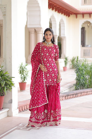 Premium Sequins Embroidered Faux Georgette Kurti Sharara Set With Dupatta