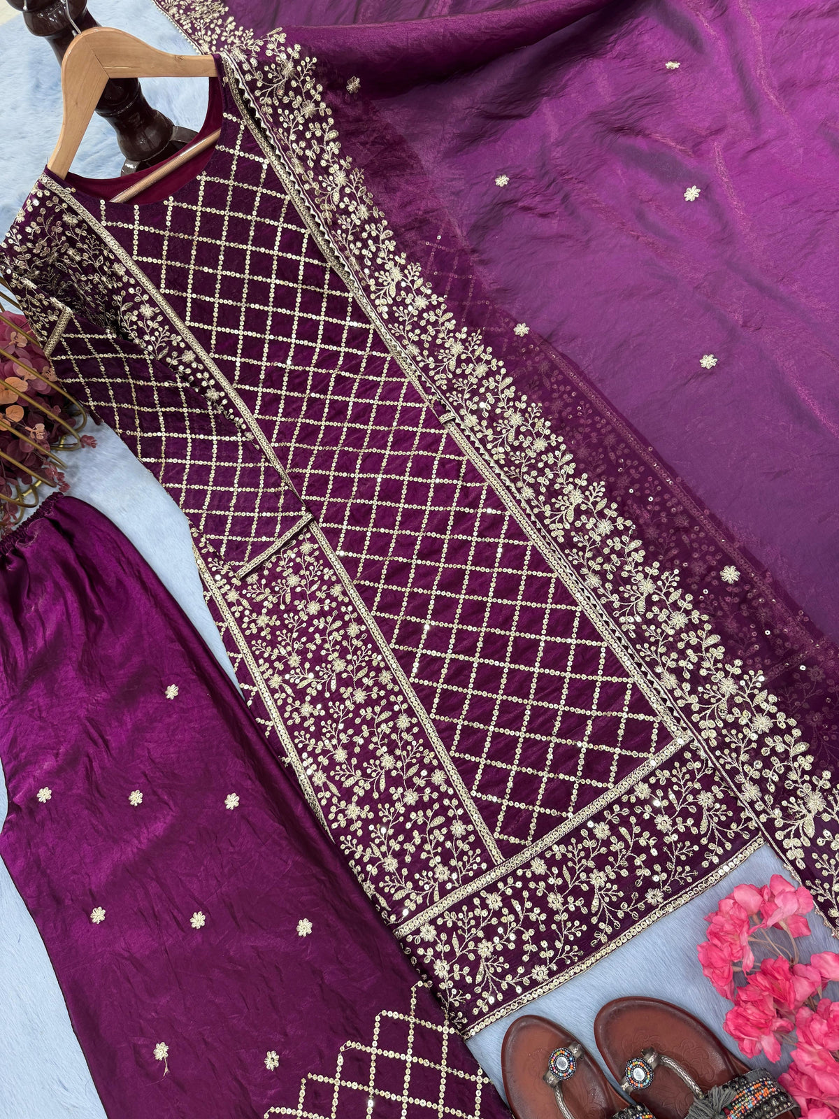Admiring Embroidery Work Wine Color Palazzo Suit