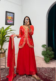 Party Wear Embroidery Work Red Color Gown Koti With Dupatta
