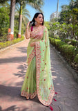 Multi thread embroidery work saree -Net Saree Blue women's fashion mart