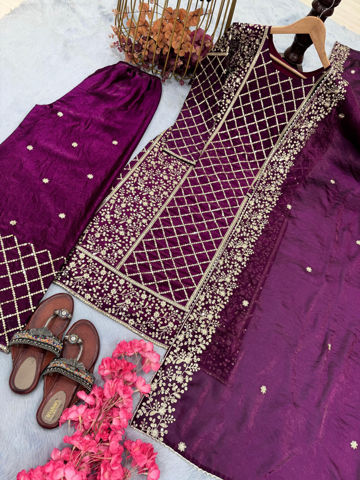 Admiring Embroidery Work Wine Color Palazzo Suit