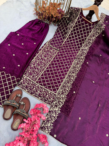 Admiring Embroidery Work Wine Color Palazzo Suit