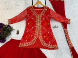 Party Wear Embroidery Work Red Color Gown Koti With Dupatta