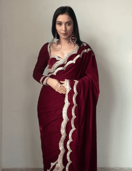 Maroon colour work lace border ready to wear saree -Georgette Saree Maroon women's fashion mart