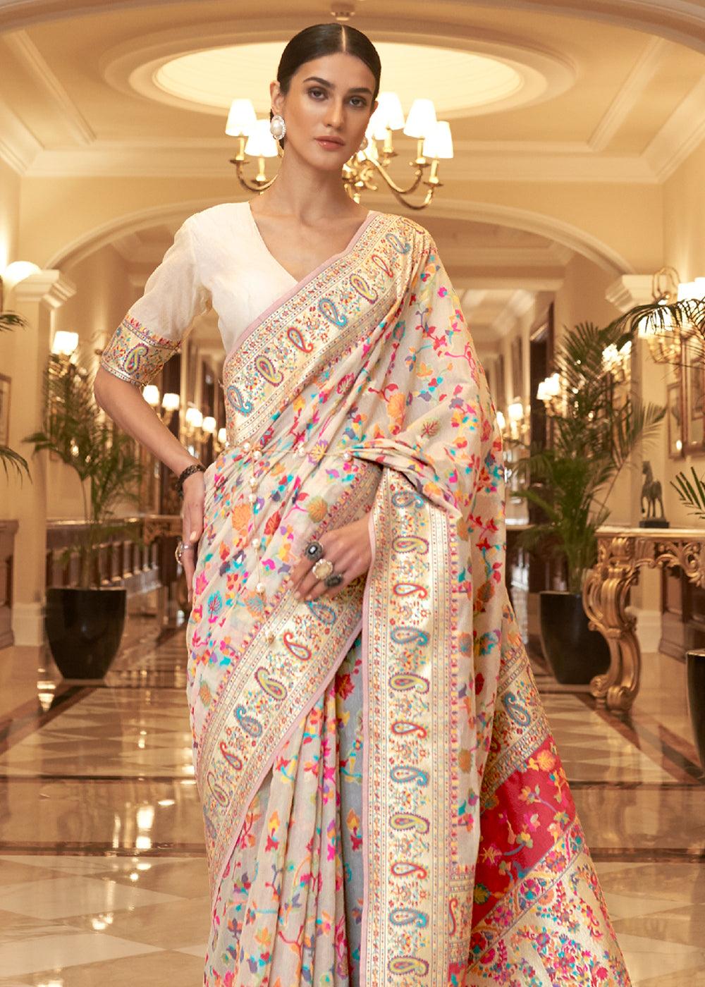 Multicolour White Woven Jamewar Banarasi Saree