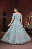 Sky Blue Sparkle Thread Embroidery With Zarkan And Mirror Work Gown - women's fashion mart
