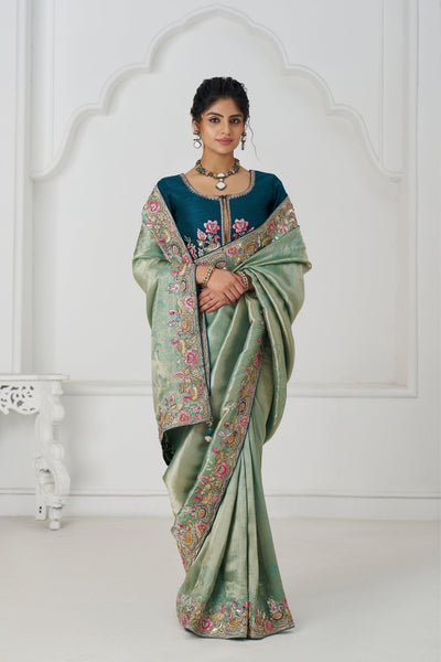 Green Luxury Wedding Saree With Multi-Thread Bead Embroidery & Sequin Work