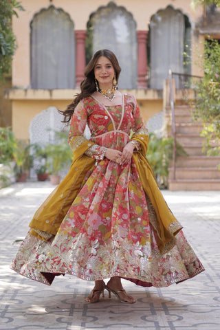 Designer Printed Gold Sequins Embroidered Work Anarkali Gown