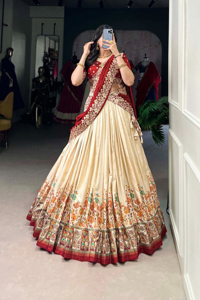 Designer Tussar Silk Printed Lehenga Set With Embroidered Blouse And Dupatta