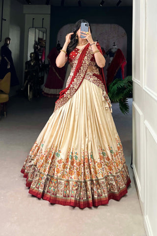 Designer Tussar Silk Printed Lehenga Set With Embroidered Blouse And Dupatta