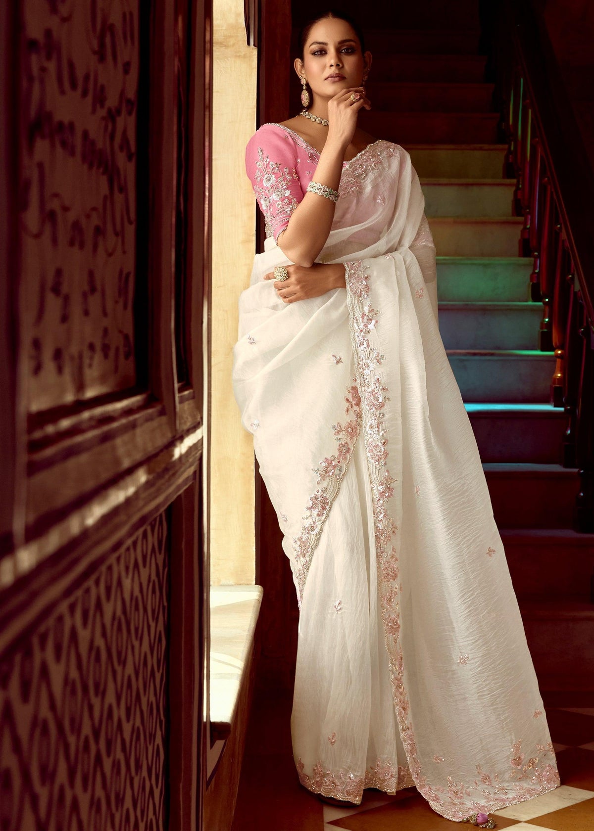 Snow White Heavy Embroidered Designer Silk Saree