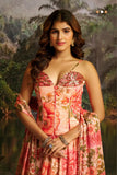 Peach Handwork Designer Corset Lehenga Set With Floral Prints