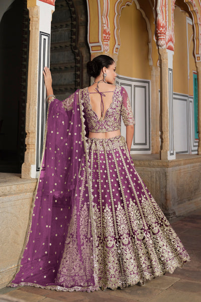 Dusty Lavender Embroidered Net Bridal Lehenga Choli - women's fashion mart