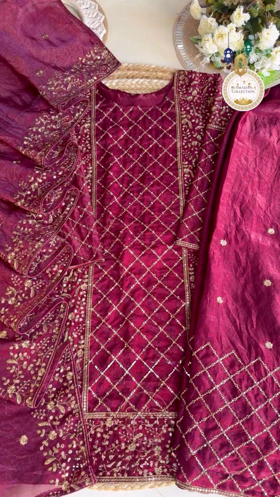 Admiring Embroidery Work Pink Color Palazzo Suit