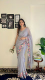 Multi Thread Embroidery Border Sequence Work Saree -Georgette Saree Grey women's fashion mart