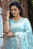 Attractive Satin Silk Blue Color Designer Saree