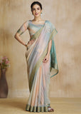 Beige And Green Woven Soft Silk Saree With Digital Printed