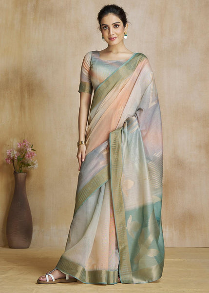 Beige And Green Woven Soft Silk Saree With Digital Printed