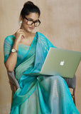 Aruba Blue Woven Soft Silk Saree With Digital Printed