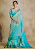 Aruba Blue Woven Soft Silk Saree With Digital Printed