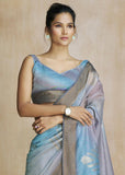 Blue And Grey Woven Soft Silk Saree With Digital Printed