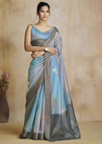 Blue And Grey Woven Soft Silk Saree With Digital Printed