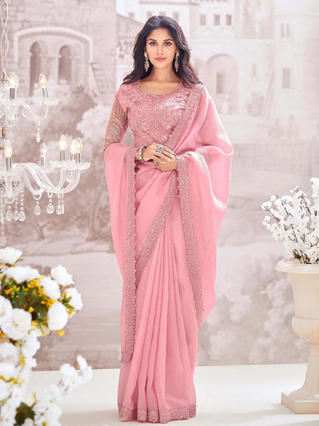 Elegant Rose Pink Chiffon Crush Party Wear Saree - women's fashion mart