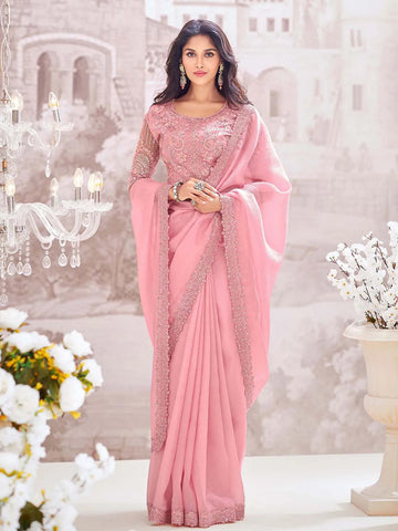 Elegant Rose Pink Chiffon Crush Party Wear Saree - women's fashion mart