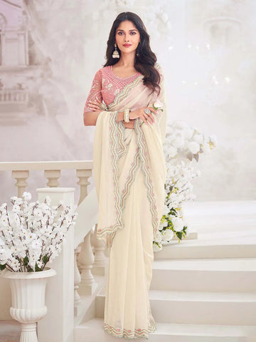 Outstanding Off-White Chiffon Crush Party Wear Saree - women's fashion mart
