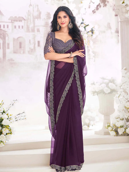Phenomenal Wine Pure Chiffon Party Wear Saree - women's fashion mart
