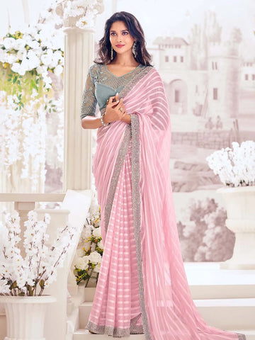 Striking Light Pink Georgette Satin Stripe Party Wear Saree - women's fashion mart