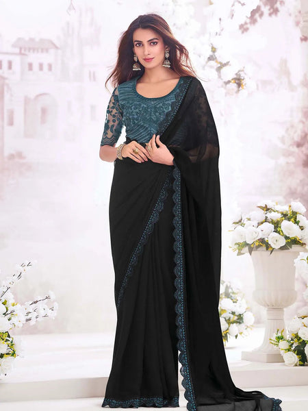 Classic Black Pure Chiffon Party Wear Saree - women's fashion mart