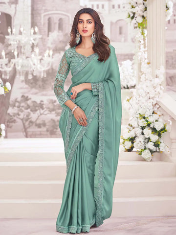 Fabulous Sage Green Pure Satin Party Wear Saree - women's fashion mart