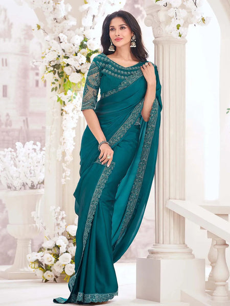 Fantastic Teal Green Two Tone Georgette Party Wear Saree - women's fashion mart