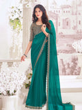 Blazing Teal Green Pure Chiffon Party Wear Saree - women's fashion mart
