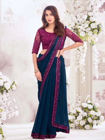 Fantastic Navy Blue Pure Chiffon Party Wear Saree - women's fashion mart
