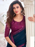 Fantastic Navy Blue Pure Chiffon Party Wear Saree - women's fashion mart