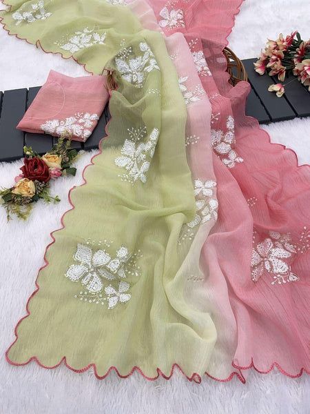 Awesome Embroidery Work Green & Pink Multi Color Saree