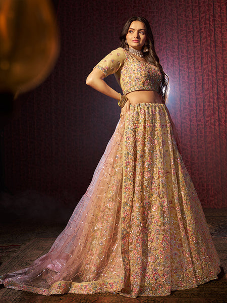 Classic Beige Heavy Embroidered Net Bridal Lehenga Choli - women's fashion mart
