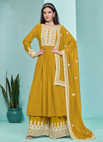 Traditional Mustard Yellow  Embroidered  Anarkali Palazzo Suit - women's fashion mart