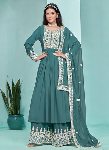 Traditional Turquoise Embroidered  Anarkali Palazzo Suit - women's fashion mart
