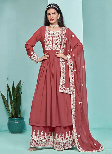 Traditional Rust Red  Embroidered  Anarkali Palazzo Suit - women's fashion mart