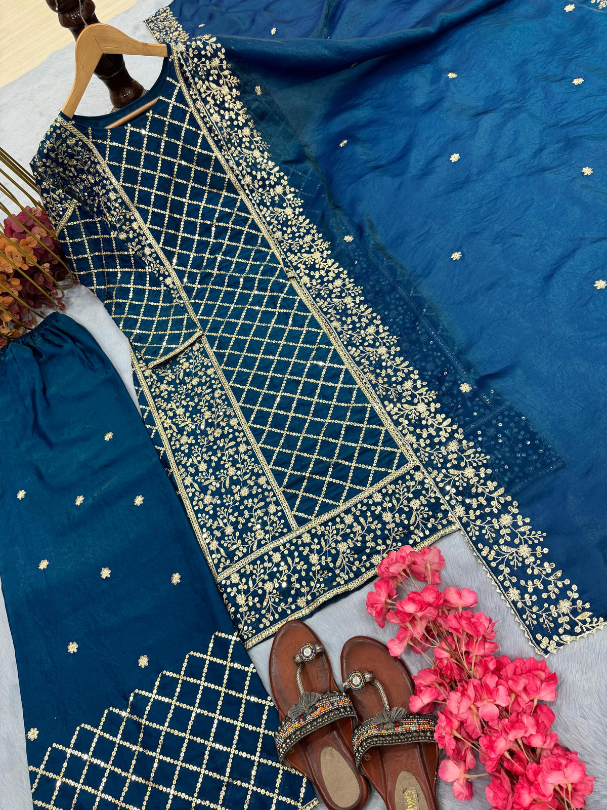 Admiring Embroidery Work Blue Color Palazzo Suit