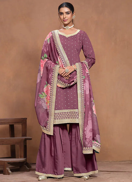 Designer Lavender  Embroidered Silk Sharara  Suit - women's fashion mart