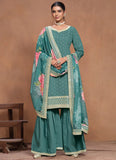 Designer Teal Blue  Embroidered Silk Sharara  Suit - women's fashion mart