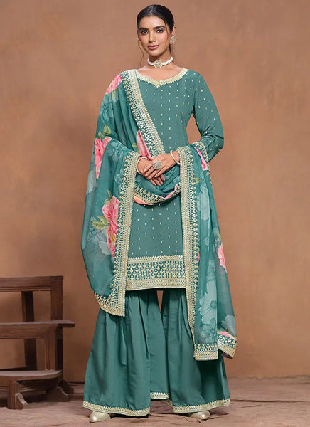 Designer Teal Blue  Embroidered Silk Sharara  Suit - women's fashion mart