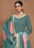 Designer Teal Blue  Embroidered Silk Sharara  Suit - women's fashion mart