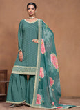 Designer Teal Blue  Embroidered Silk Sharara  Suit - women's fashion mart